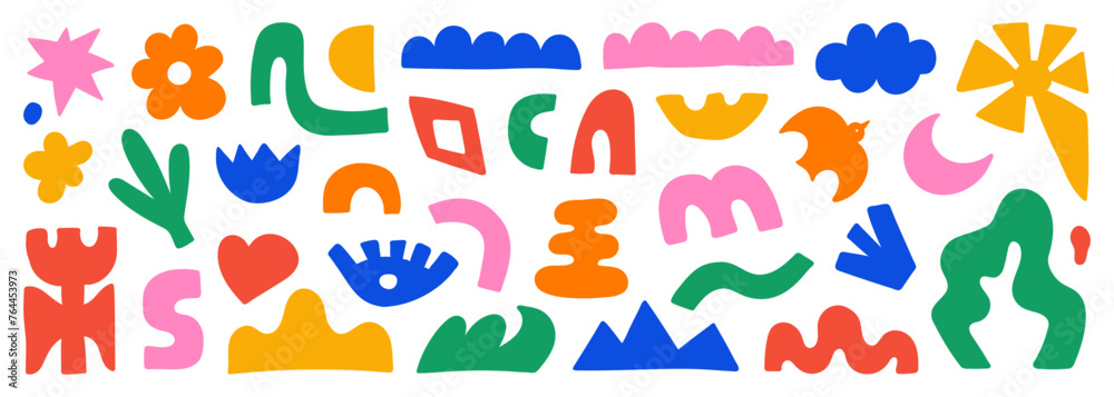 Poster abstract organic shapes with colorful geometric cutting doodles. trendy random figures isolated on a