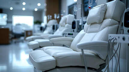 An empty chemotherapy treatment chair with a view of the infusion pumps and medical equipment