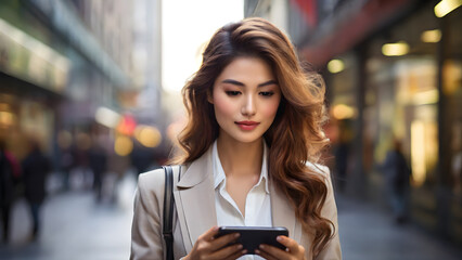 A detailed close-up image of a girl deeply engaged in a mobile conversation against a blurry backdrop.