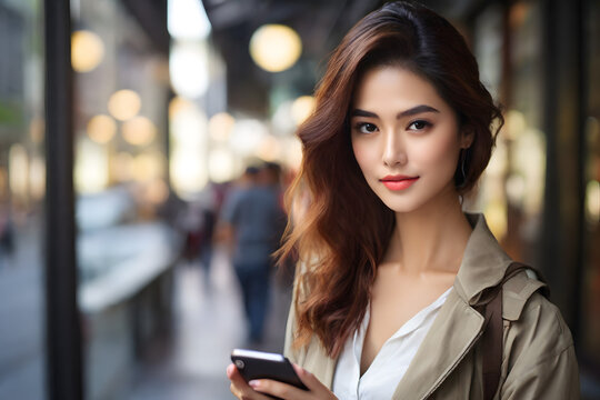 This image features a girl using a smartphone against a blurry backdrop, symbolizing modern communication methods and the digital era.