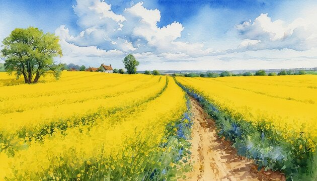 Abstract Watercolor Illustration of Blue Sky and Rapeseed Fields