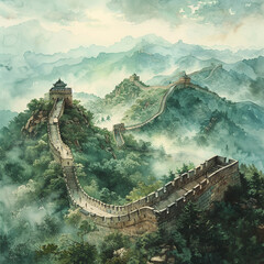 The Great Wall of China stretching across a misty landscape
