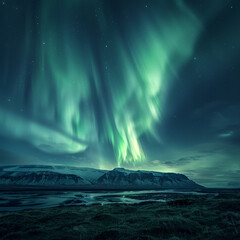 The Northern Lights over an Icelandic landscape rendered with a focus on the ethereal green lights - obrazy, fototapety, plakaty