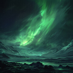 The Northern Lights over an Icelandic landscape rendered with a focus on the ethereal green lights - obrazy, fototapety, plakaty