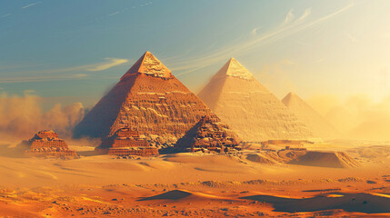 The Pyramids of Giza presented as geometric forms rising from the sands