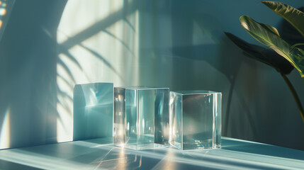 Two glass blocks on the table, a blue column in the background, in a minimalist, modern style with a clean background, soft light and shadow, high resolution photography, ultra realistic photography