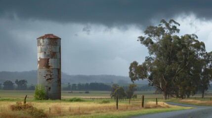 In the distance a lone silo stands ast the wreckage its sides dented and battered by the force of the hail. - obrazy, fototapety, plakaty