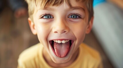 picture of a happy boy. With a chuckle, the boy sticks out his tongue,A child's portrait filled with joy, as he sticks out his tongue playfully. - Powered by Adobe