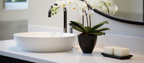 There is a white bowl with a plant in it placed on a counter