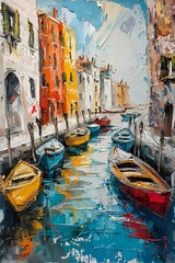 Impressionist oil painting using palette knife of gondola at the grand canal in Venice, vibrant color wall art or painting
