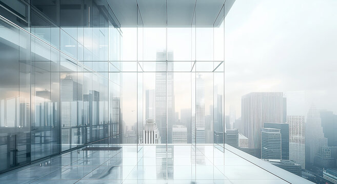 A large glass building with a city view in the background