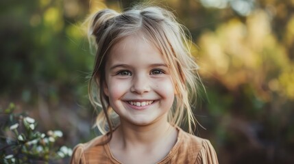 Portrait of smiling girl in woods,An adorable little girl with autumn leaves in the beauty park,laughing baby girl in summer park
