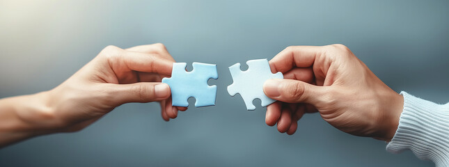 Two people holding a puzzle piece together