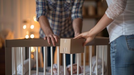 Anticipating Parenthood Joyful Couple Setting Up Crib in Nursery Room Amidst Moving Chaos - Powered by Adobe