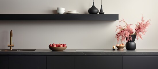 A modern kitchen featuring sleek black cabinets and adorned with a stylish vase for a chic interior design