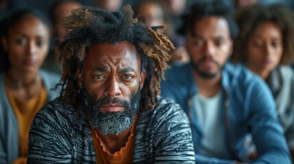 A group of people are sitting in chairs, one of whom is crying. The others are comforting him