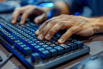 A close-up shot of a person hands, standing and typing on a computer keyboard. - obrazy, fototapety, plakaty