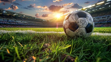 Cinematic soccer ball closeup in stadium, with sunset view