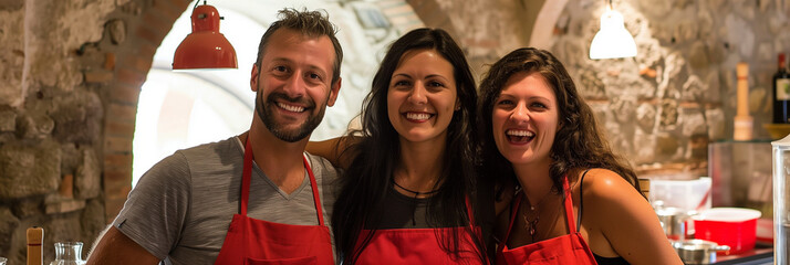 Cheerful Culinary Team in Aprons Smiling at Cooking Classes