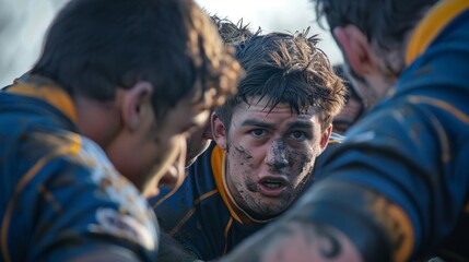 Obraz premium A group of fierce rugby players huddled together in a closeup shot ready for the scrum.