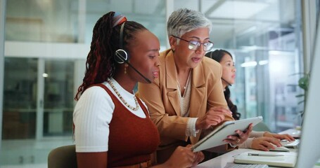 Tablet, call center and woman with manager for customer service, training and help on computer. Technology, telemarketing and diverse people with mentor, group and internship with senior consultant - Powered by Adobe