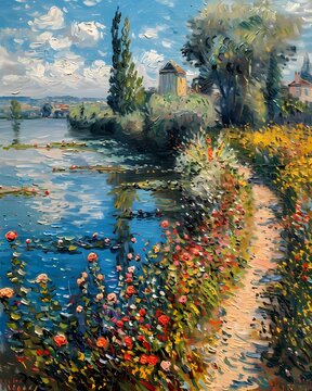 Impressionist oil painting using palette knife of landscape river,  wall art or painting