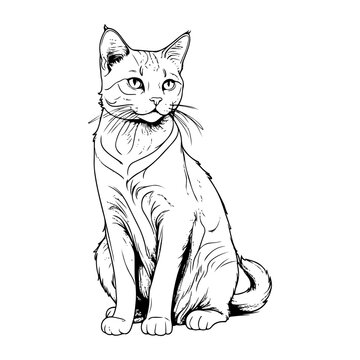 Line art of a cat's complete body in black and white.