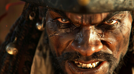 Gritty pirate portrait with intimidating stare and textured skin.