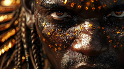 Enigmatic tribal warrior with gold flecked face and piercing gaze. - obrazy, fototapety, plakaty