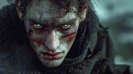 Battle-worn soldier with menacing eyes and blood streaks in snowy terrain.