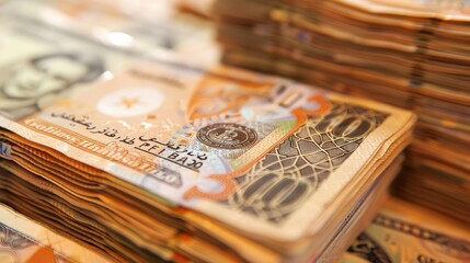 A detailed view of Iraqi currency in the form of ten thousand dinar notes. - obrazy, fototapety, plakaty