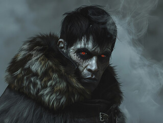 Russian vampire with a fur-lined collar and eyes reflecting the Siberian wilderness. - obrazy, fototapety, plakaty