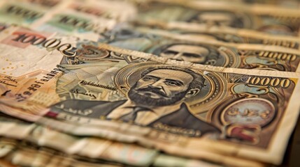 A detailed view of Iraqi currency in the form of ten thousand dinar notes. - obrazy, fototapety, plakaty