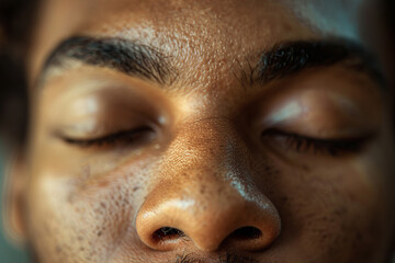 A close-up shot of an office worker face, their eyes closed in relaxation during a breathing exercise.