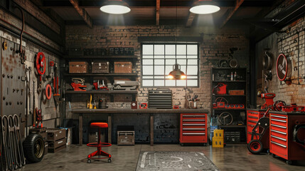 Garage Interior,  Interior Garage Scene with Mechanic Tools - obrazy, fototapety, plakaty