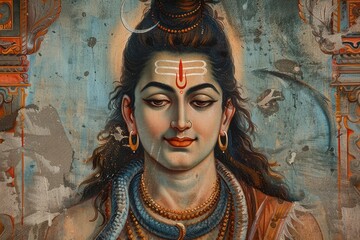 Majestic portrait of Lord Shiva, skin in ethereal blue, serpents entwined around the neck, adorned with a crescent moon on the head. The sacred river Ganges flowing from the hair,  generative ai