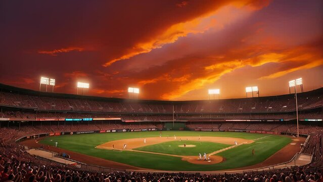 Game at a baseball stadium glowing in the sunset.
