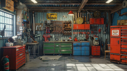 Obraz premium Garage Interior, Interior Garage Scene with Mechanic Tools