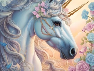 Whimsically enchanting unicorn, every stroke brims with magic and wonder: its mane cascading in shimmering pastel hues, its horn gleaming with an ethereal glow Generative AI