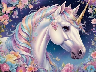 Whimsically enchanting unicorn, every stroke brims with magic and wonder: its mane cascading in shimmering pastel hues, its horn gleaming with an ethereal glow Generative AI