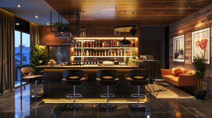 Chic and Trendy Bar Decor in Modern Setting - obrazy, fototapety, plakaty