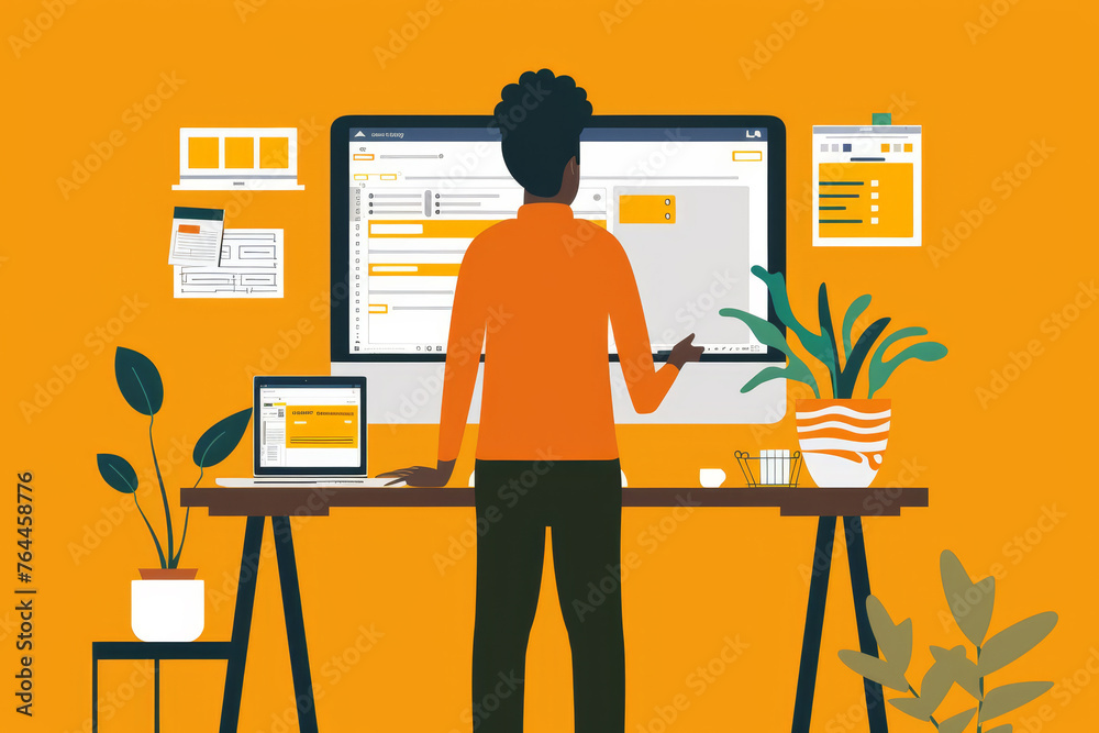 Poster a person standing and installing a new operating system on a computer.
