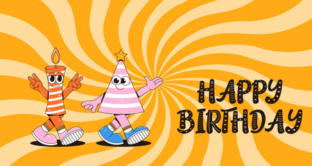 Happy birthday flyer in retro groovy style. Vintage walking character candle and party hat. Funky mascot with psychedelic smile. Vector illustration