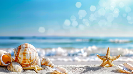 Fototapeta na wymiar Summer Beach and Shells with Blurred Blue Sea and Sky: Coastal Vacation Vibes