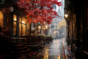 Fototapeta premium Autumn leaves sprinkle magic on a serene, cobblestone alley by twilight.