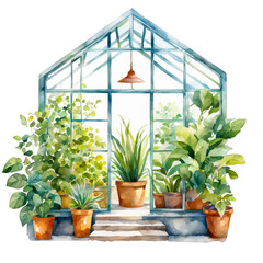 Fototapeta na wymiar Sunlit green gouse, filled with potted plants, hanging vines, botanical illustration, watercolor painting, conservatory garden, environment concept, green nature, earth, save trees, lush green plants