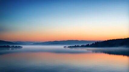 Fototapeta premium A serene lake at sunset, with sky and water painted in soft hues of blue, orange, and purple