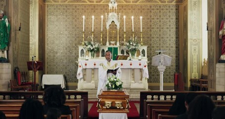 Family, church and catholic for funeral, priest and Sunday christian service for condolences and death. Congregation, people and benches at cathedral, synagogue and chapel for sad candle farewell
