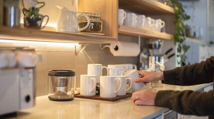 Morning Ritual Hands Arranging Favorite Mugs on Stylish Coffee Bar in New Kitchen Homey and Inviting Lifestyle Image
