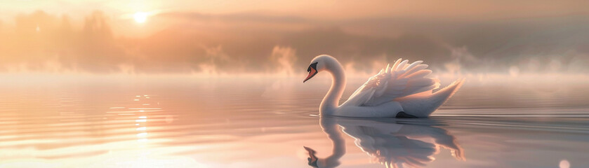 A graceful swan gliding on a mirror-like lake at sunrise, the calm water reflecting its elegance, hyper realistic, low noise, low texture